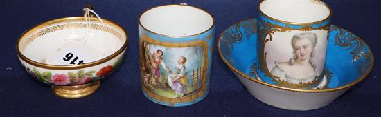 A Sevres style Madame de Genlis bleu celeste coffee can and saucer, a Sevres style coffee can and a Sevres Empire revival tea cup, al